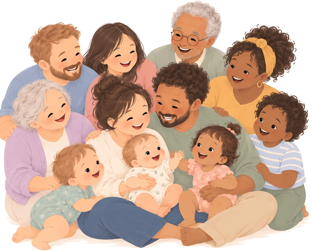 A family of many generations gathered closely around a mother holding her baby.